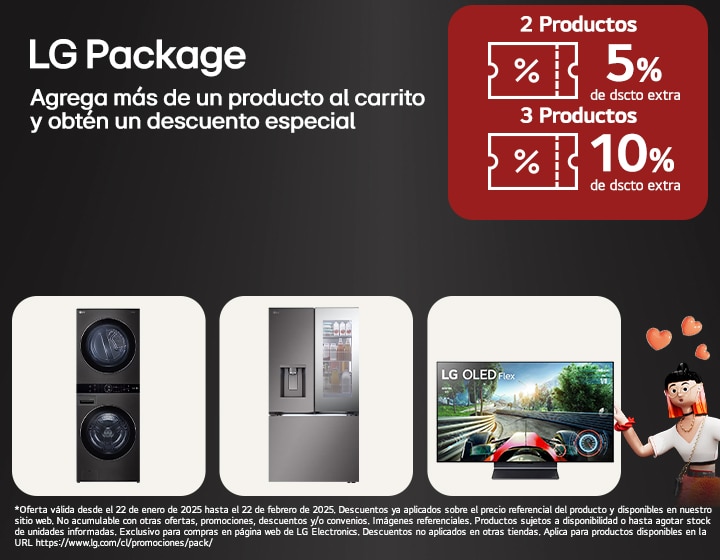 Banner de LG Package, 5 y 10 porciento de descuento adicional en productos seleccionados. Agrega 2 productos al carro de compra y recibe un 5% de descuento adicional, agrega 3 productos al carro de compra y recibe un 10% de descuento adicional