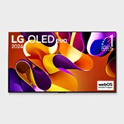 Front view with LG OLED evo TV, OLED G4, 11 Years of world number 1 OLED Emblem, and 5-Year Panel Warranty logo on screen