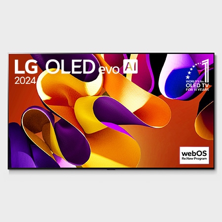 Front view with LG OLED evo TV, OLED G4, 11 Years of world number 1 OLED Emblem, and 5-Year Panel Warranty logo on screen