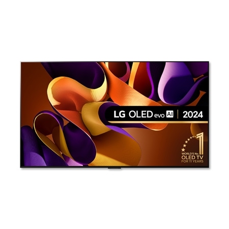 Front view with LG OLED evo TV, OLED G4, 11 Years of world number 1 OLED Emblem, and 5-Year Panel Warranty logo on screen