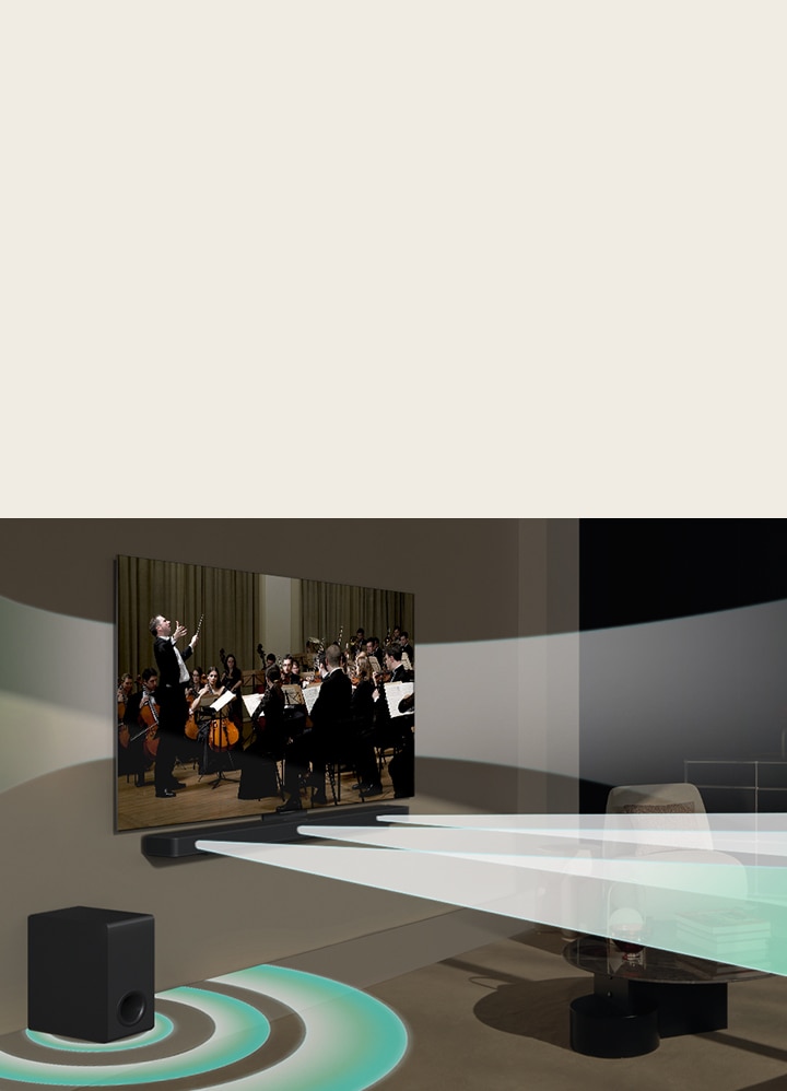Se está reproduciendo una escena de un concierto en una LG TV colgada en la pared. El efecto de sonido virtual sale simultáneamente de la LG TV, la LG Soundbar S60TR y su subwoofer, mostrando cómo se crea WOW Orchestra.