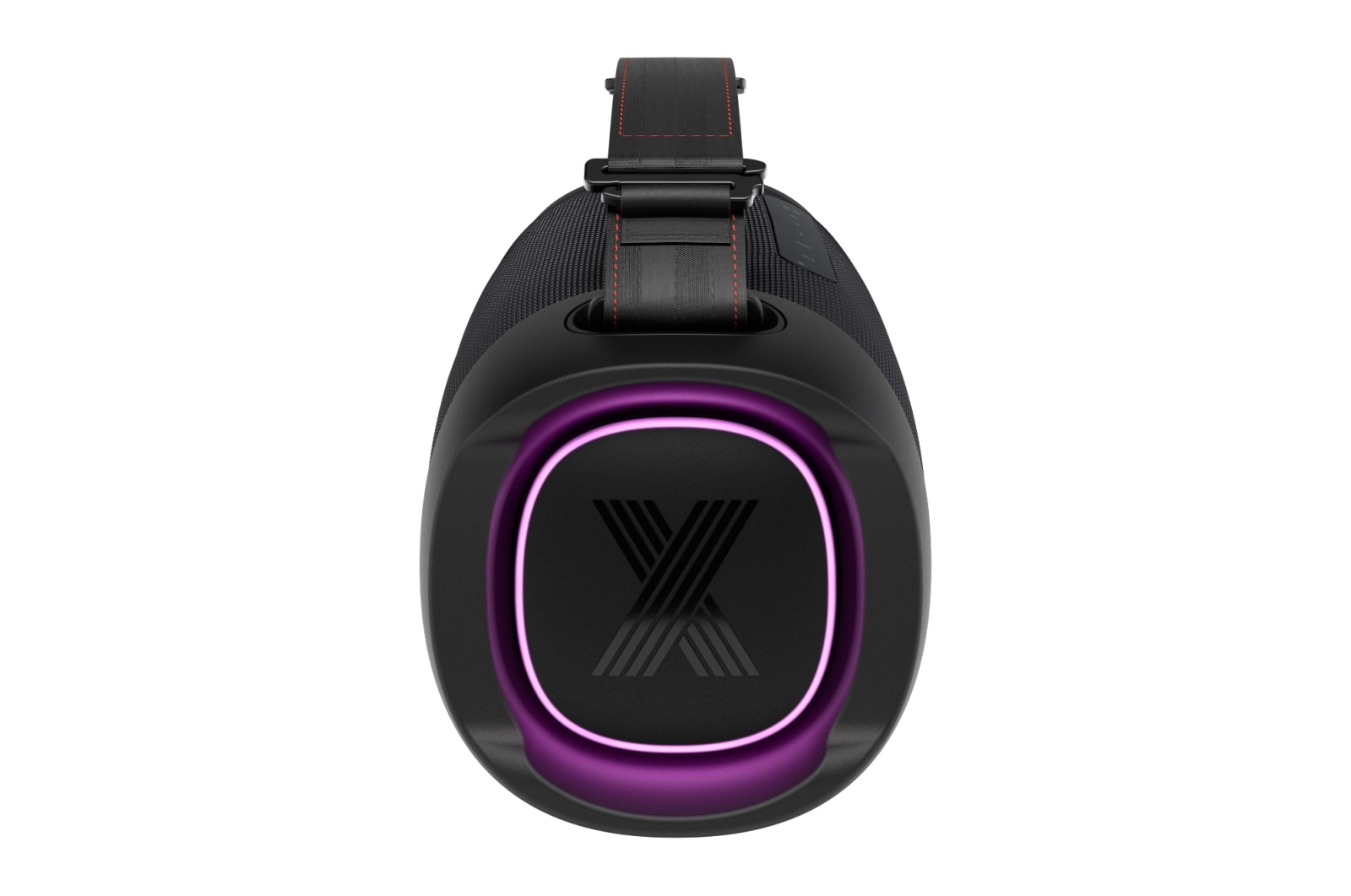 Front view of the woofer with a purple lighting on.