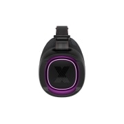 Front view of the woofer with a purple lighting on.