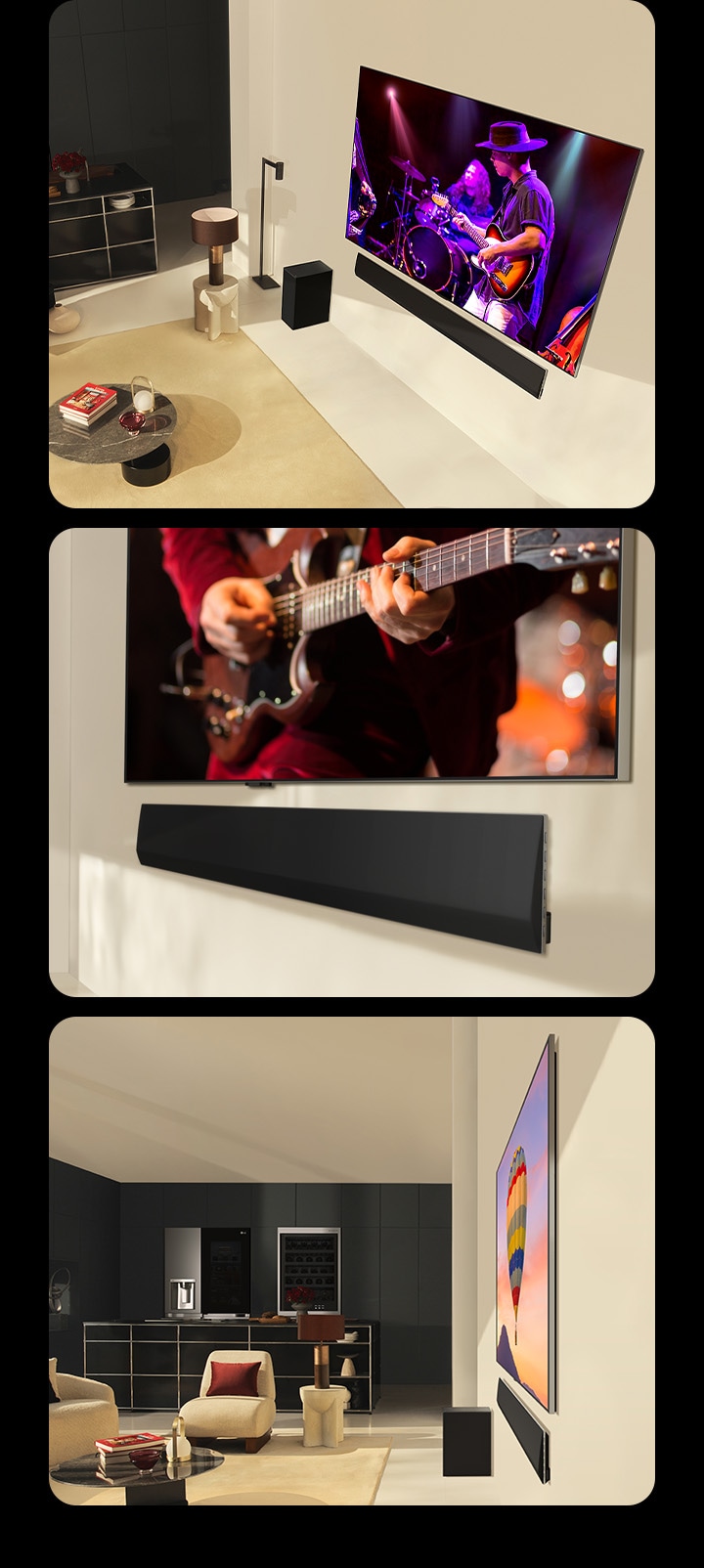 Aparecen tres imágenes en secuencia. Primero, aparece una pareja que ve un concierto en un LG OLED evo G4 con la barra de sonido LG SG10TY que combina a la perfección en una sala de estar moderna, mientras que en un dispositivo móvil aparece la misma imagen con un hombre que mira la TV. Y la de abajo muestra una perspectiva angular de la parte inferior de un LG OLED TV y una LG Soundbar. Y la otra muestra una vista de perfil lateral de un LG OLED evo G4 y una LG Soundbar SG10TY, ambos con unas dimensiones increíblemente delgadas y prácticamente sin separación contra la pared.