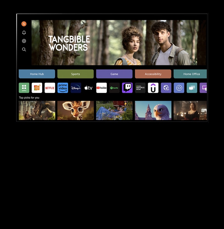 En la pantalla de una LG AI TV se muestra la sección My Profile. En el tercer lugar, un anuncio de Tangible Wonders. Por debajo del anuncio, se muestran los siguientes botones: Home Hub, Deportes, Videojuegos, Accesibilidad, Oficina en casa. Abajo de los botones, se muestran los siguientes logotipos: LG Channels, Netflix, Prime Video, Disney+, Apple TV, YouTube, Spotify, Twitch, GeForce Now y Udemy. Abajo de los logotipos, aparecen 5 miniaturas de películas con el texto “Mejores elecciones para ti”.   En la esquina superior izquierda, un cursor hace clic en la “S” inicial. Se abre un menú desplegable de la cuenta de LG y se muestran cinco nombres. El cursor hace clic en el segundo al tiempo que las miniaturas y el contenido recomendado en la pantalla cambian.