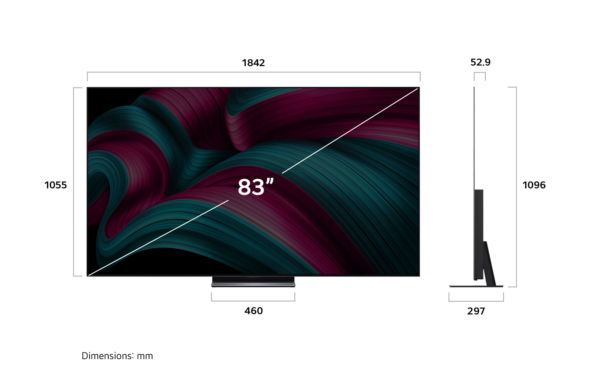 Vista de frente y lateral de la Smart TV LG OLED evo AI C5 4K en la que se ven sus dimensiones de longitud, ancho, altura y profundidad.