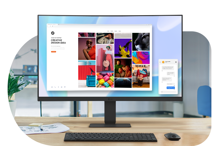 Un monitor curvo FHD de 23,8 pulgadas sobre un escritorio muestra imágenes y aplicaciones vibrantes. El espacio de trabajo incluye una planta, papeles, un teclado, un mouse, auriculares y café, con una oficina borrosa en el fondo.