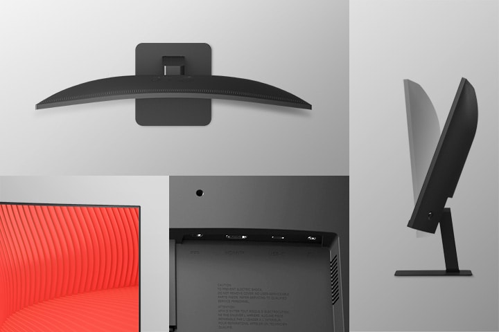 La imagen muestra un bisel delgado en tres lados, un soporte elegante, varios puertos y la vista inclinada de los monitores.