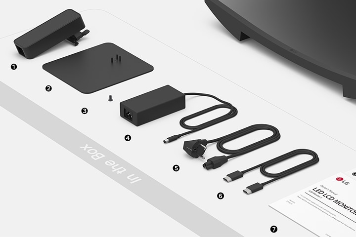 Cuerpo del soporte, base del soporte, tornillos, adaptador de corriente, código de alimentación, cable HDMI y guía de configuración en la caja.
