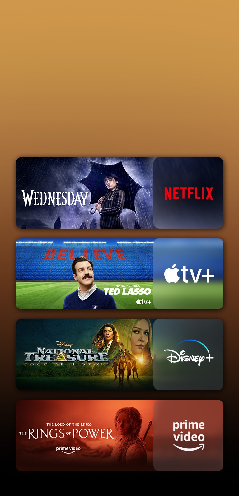 Hay logotipos de plataformas de servicios de transmisión y filmaciones coincidentes justo al lado de cada logotipo. Hay imágenes de Miércoles de Netflix, TED LASSO de Apple TV, Tesoro Nacional de Disney Plus y Los anillos de poder de PRIME VIDEO.