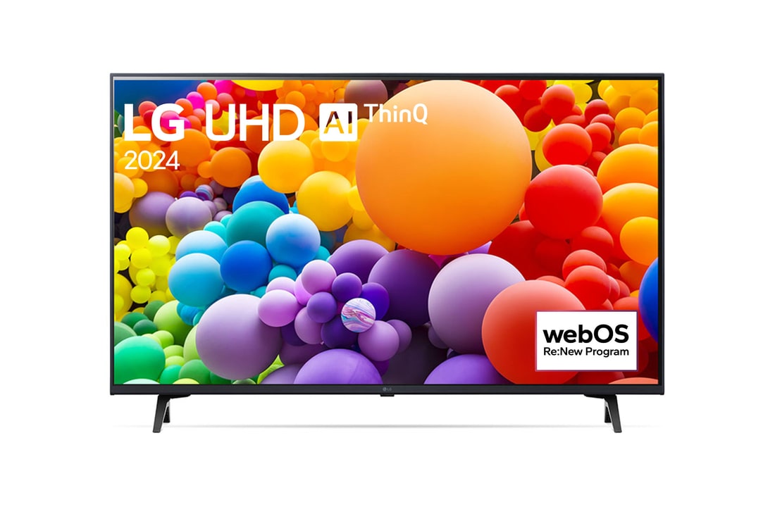 Front view of LG UHD TV, UT73 with text of LG UHD AI ThinQ, 2024, and webOS Re:New Program logo on screen