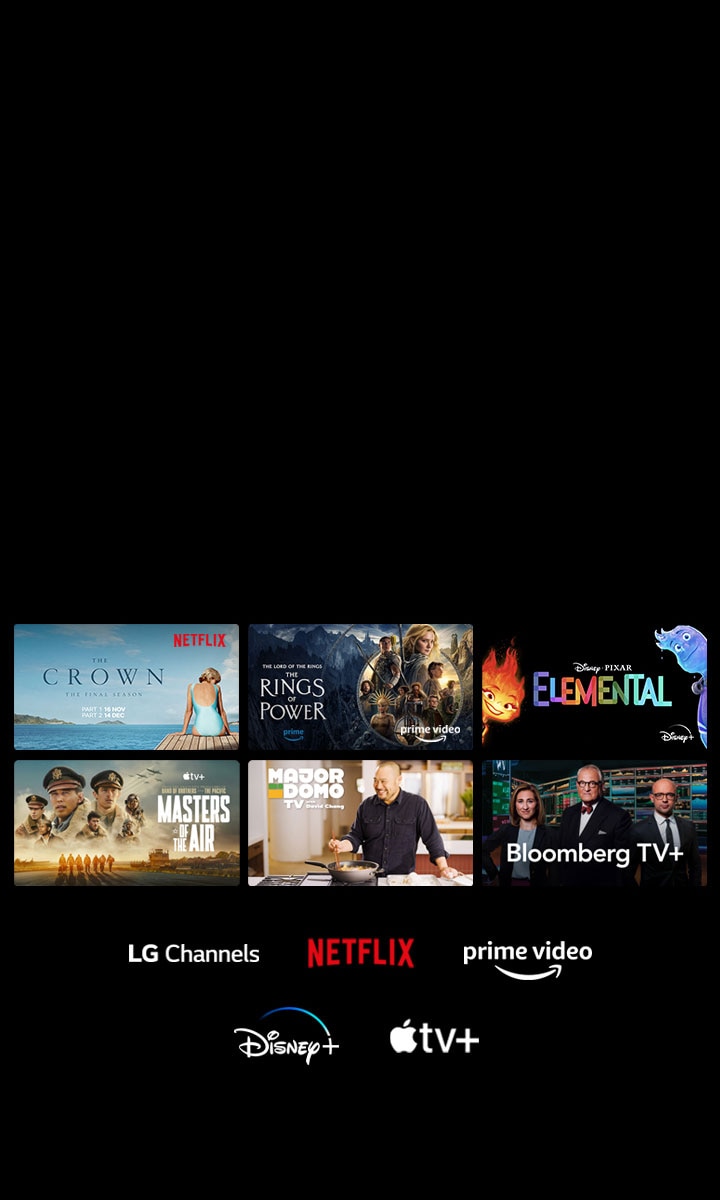 Se muestran seis miniaturas de películas y programas de televisión y los logotipos de los canales LG, Netflix, Prime Video, Disney+ y Apple TV+ se encuentran debajo.