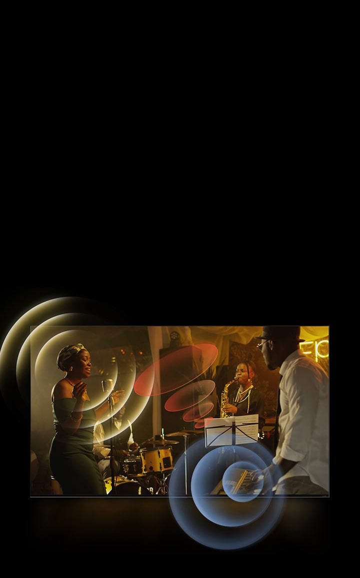 Un TV LG QNED muestra a músicos tocando, con gráficos de círculos brillantes alrededor deL espacio