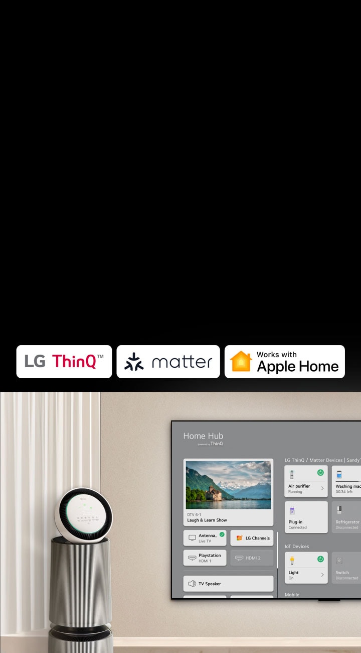 Un logotipo de LG ThinQ™, Matter y Apple Home. Una LG TV montada en una pared con un LG PuriCare™ Objet Collection 360° a la izquierda. En la TV, se muestra el Home Hub y un cursor hace clic en “Purificador de aire” para activar el LG PuriCare™ Objet Collection 360°.