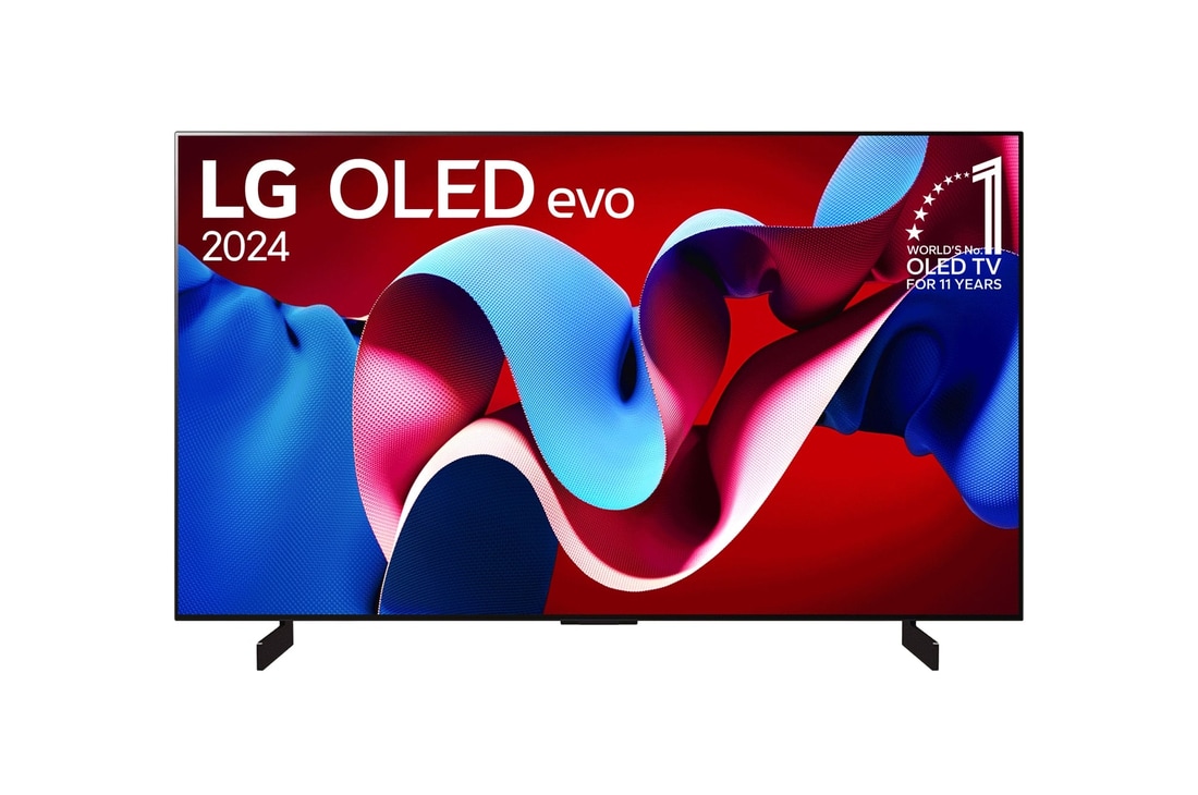 Vista frontal con LG OLED evo y el emblema OLED número 1 del mundo de 11 años en la pantalla