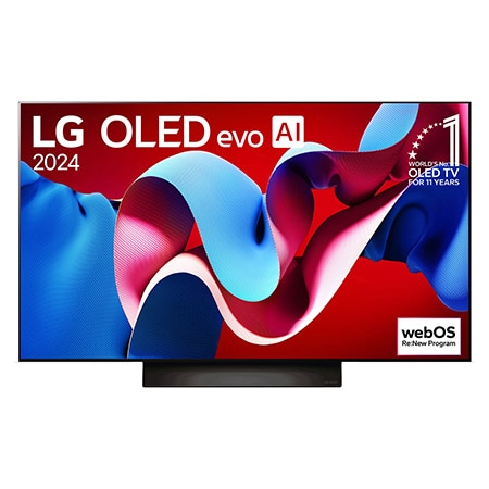 Vista frontal con LG OLED evo y el emblema OLED número 1 del mundo de 11 años en la pantalla