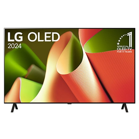 Vista frontal con LG OLED TV, OLED B4, 11 años del emblema OLED número 1 del mundo y logotipo de webOS Re:New Program en pantalla con soporte de 2 polos