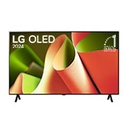 Vista frontal con LG OLED TV, OLED B4, 11 años del emblema OLED número 1 del mundo y logotipo de webOS Re:New Program en pantalla con soporte de 2 polos