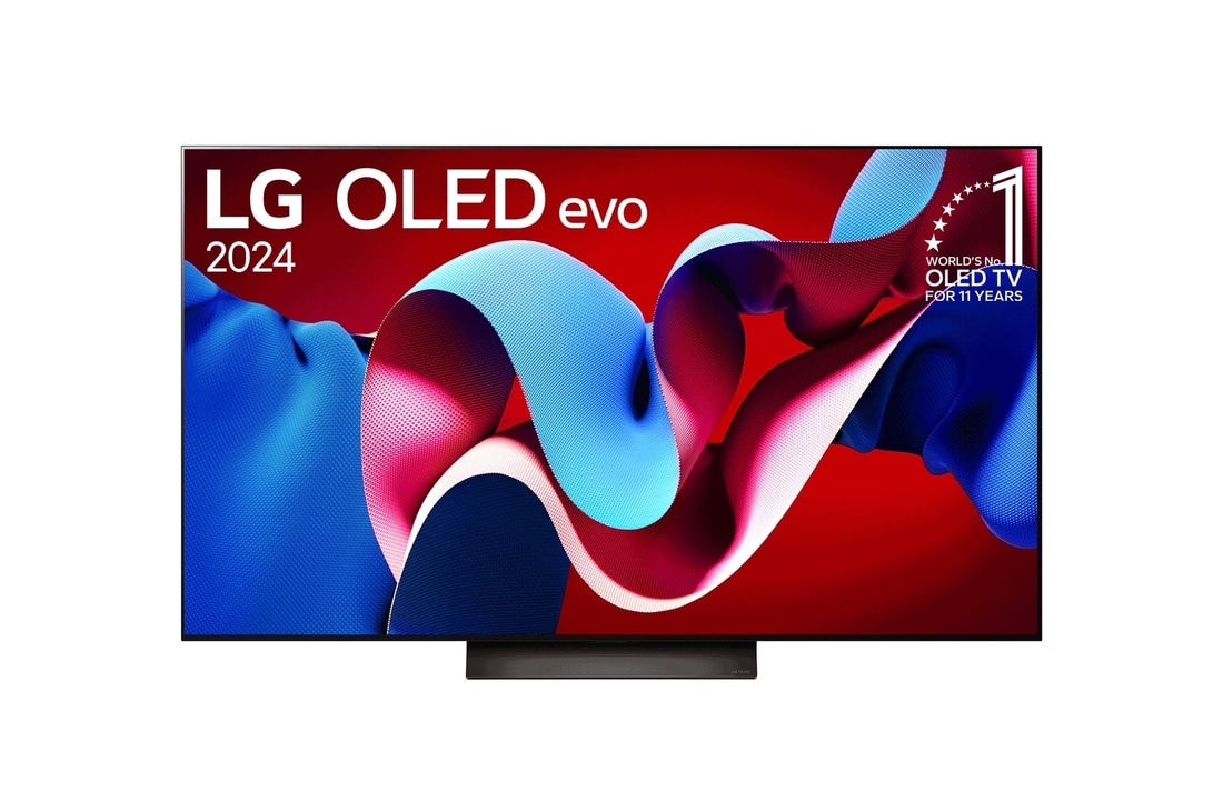 Vista frontal con LG OLED evo y el emblema OLED número 1 del mundo de 11 años en la pantalla, así como la barra de sonido debajo