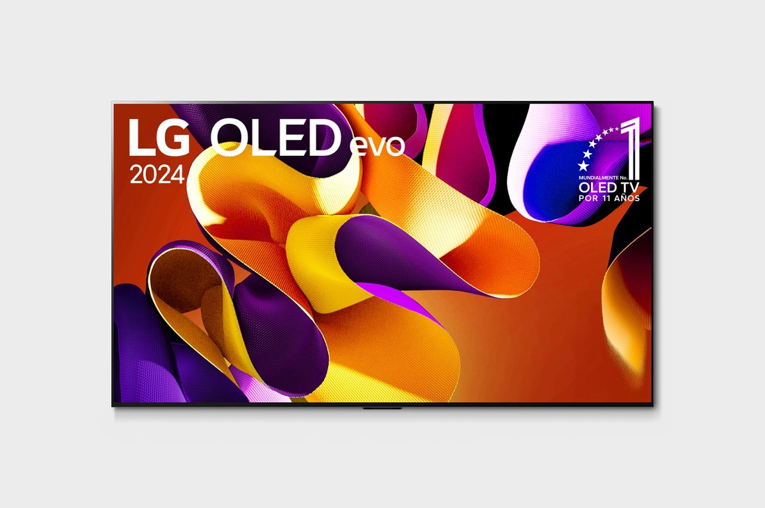 Vista frontal con LG OLED evo TV, OLED G4, el emblema de 11 años de OLED número 1 del mundo y el logotipo de 5 años de garantía del panel en la pantalla