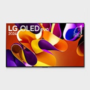 Vista frontal con LG OLED evo TV, OLED G4, el emblema de 11 años de OLED número 1 del mundo y el logotipo de 5 años de garantía del panel en la pantalla