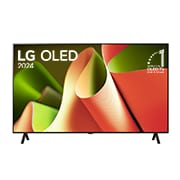 Vista frontal con LG OLED TV, OLED B4, 11 años del emblema OLED número 1 del mundo y logotipo de webOS Re:New Program en pantalla con soporte de 2 polos