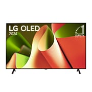 Vista frontal con LG OLED TV, OLED B4, 11 años del emblema OLED número 1 del mundo y logotipo de webOS Re:New Program en pantalla con soporte de 2 polos
