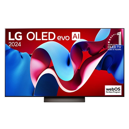 Vista frontal con LG OLED evo y el emblema OLED número 1 del mundo de 11 años en la pantalla, así como la barra de sonido debajo