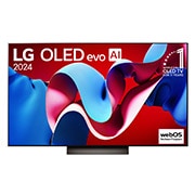 Vista frontal con LG OLED evo AI TV, OLED C4, el emblema de 11 años como líder mundial OLED y el logotipo de webOS Re:New Program en la pantalla