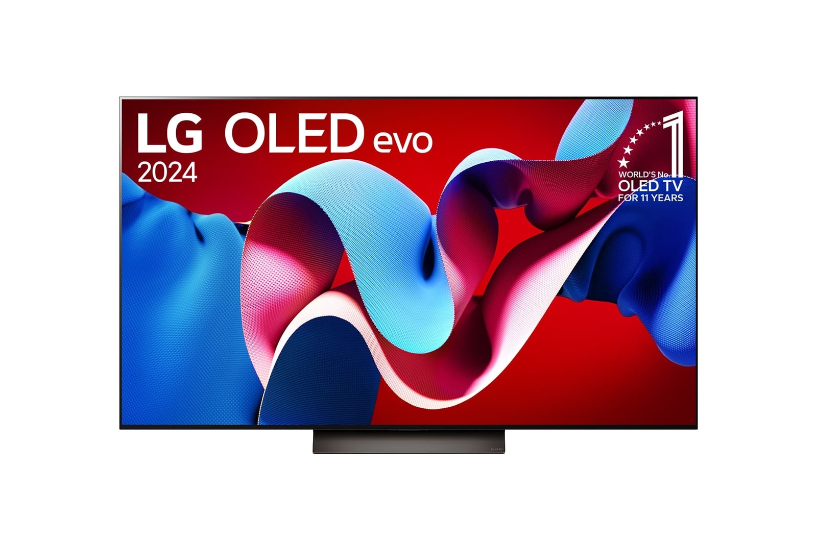 Vista frontal con LG OLED evo y el emblema OLED número 1 del mundo de 11 años en la pantalla