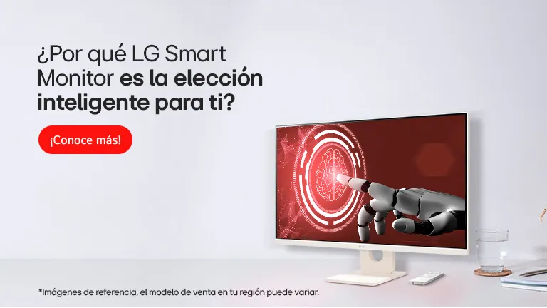 Monitor LG con una mano robotica en la pantalla apoyado en escritorio