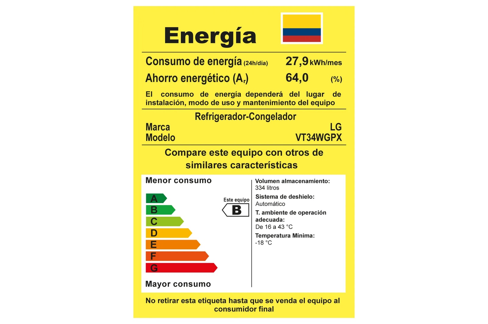 LG Nevera VT34WGPX tarjeta consumo energético