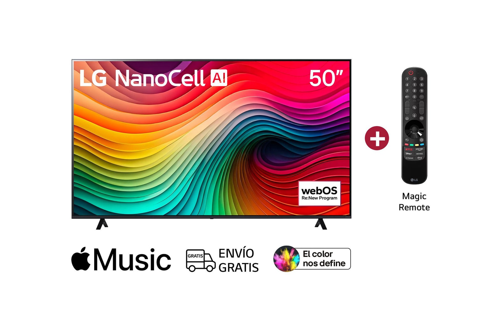 Front view of LG NanoCell TV, NANO80 with text of LG NanoCell, 2024, and webOS Re:New Program logo on screen