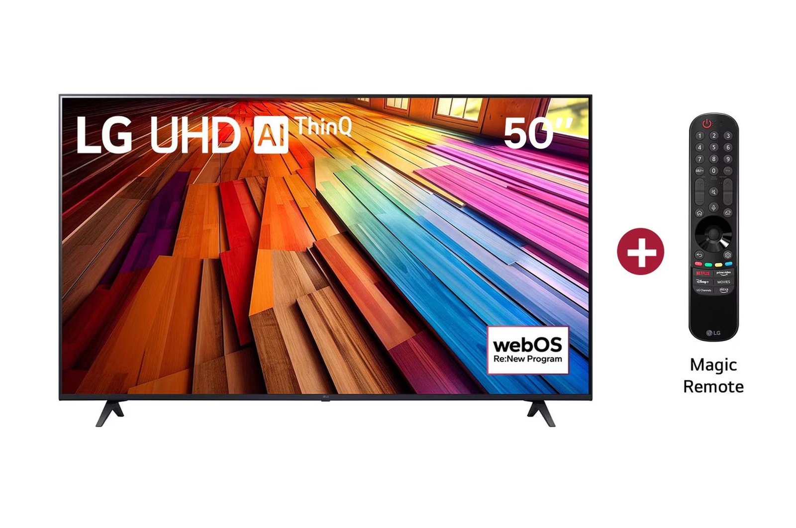 Vista frontal del televisor LG UHD, UT80 con el texto de LG UHD AI ThinQ, 2024, y el logotipo de webOS Re: Nuevo Programa en pantalla.
