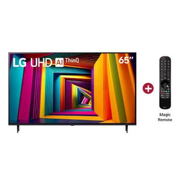 Vista frontal del televisor LG UHD, UT90 con el texto de LG UHD AI ThinQ, 2024, y el logotipo de webOS Re:New Program en pantalla