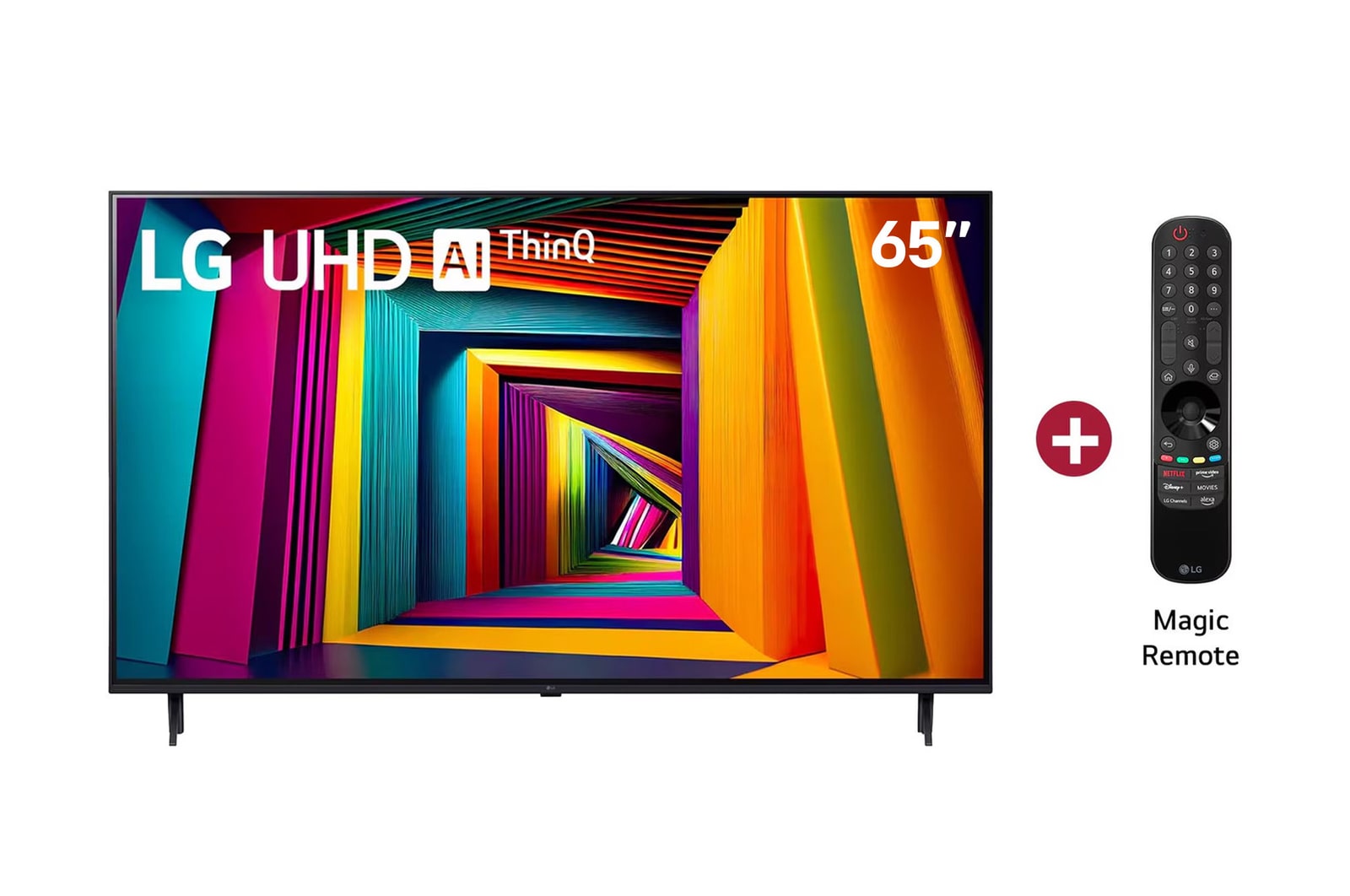 Vista frontal del televisor LG UHD, UT90 con el texto de LG UHD AI ThinQ, 2024, y el logotipo de webOS Re:New Program en pantalla