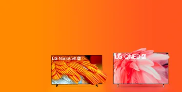 Televisores QNED y NanoCell LG, con fondo naranja