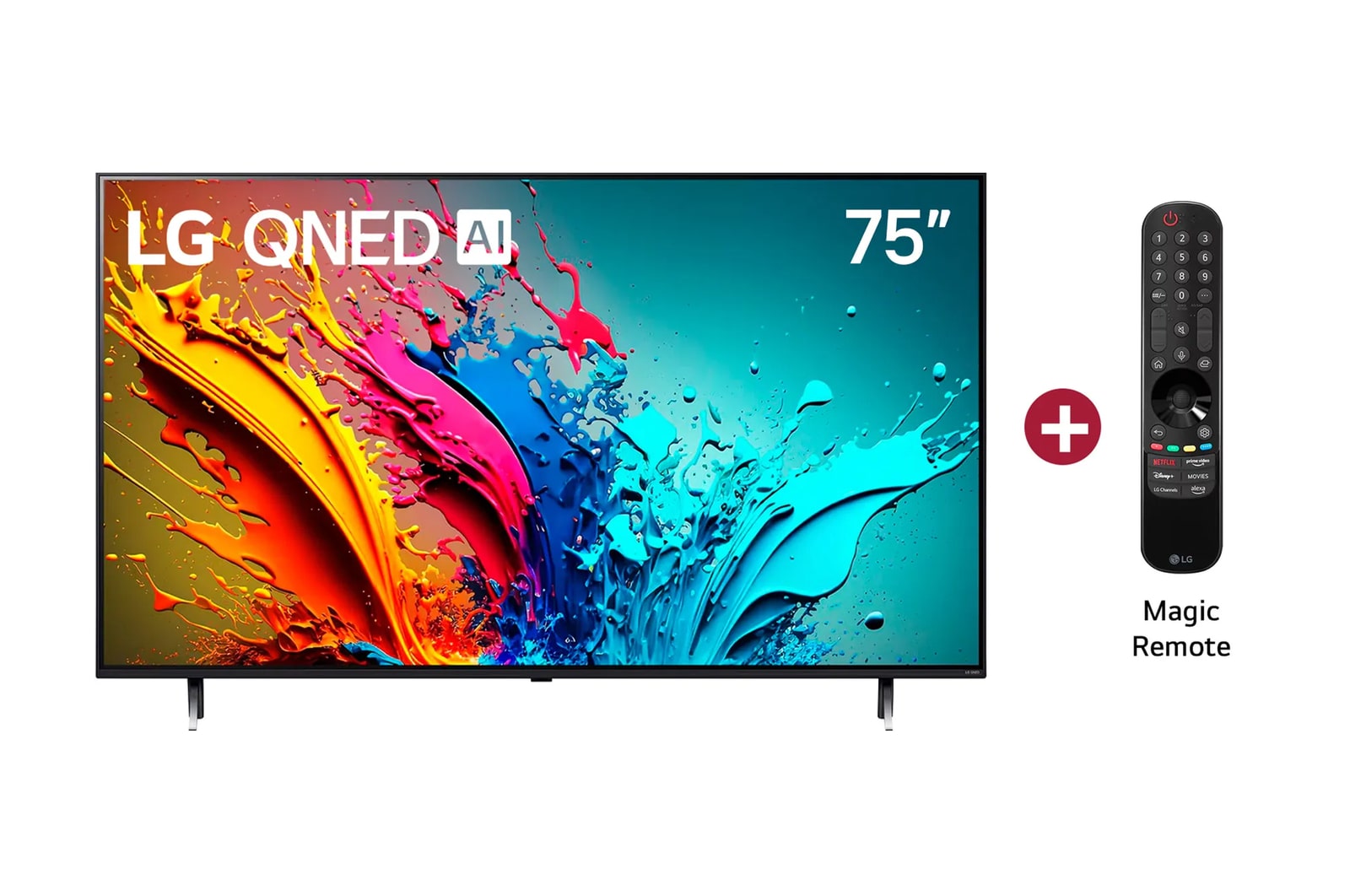 Vista frontal con el LG QNED TV, incluye Magic Remote