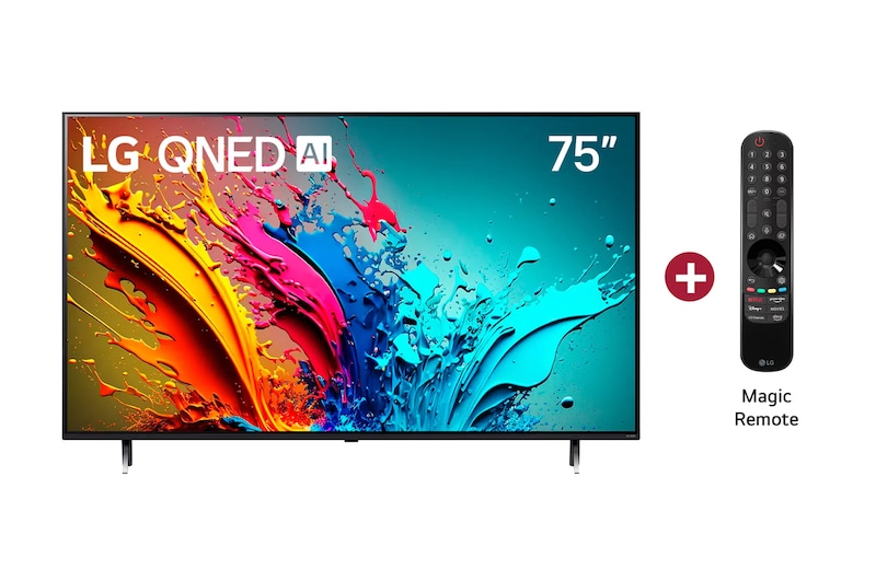 Vista frontal con el LG QNED TV, incluye Magic Remote