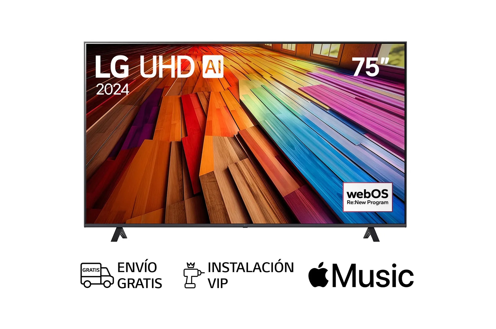 Front view of LG UHD TV, UT80 with text of LG UHD AI, 2024, and webOS Re:New Program logo on screen