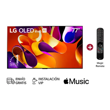 Vista frontal con LG OLED evo TV, OLED G4, el emblema de 11 años de OLED número 1 del mundo y el logotipo de 5 años de garantía del panel en la pantalla