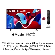 Vista frontal con LG OLED evo AI TV, OLED C4, el emblema de 11 años como líder mundial OLED y el logotipo del programa webOS Re:New en la pantalla