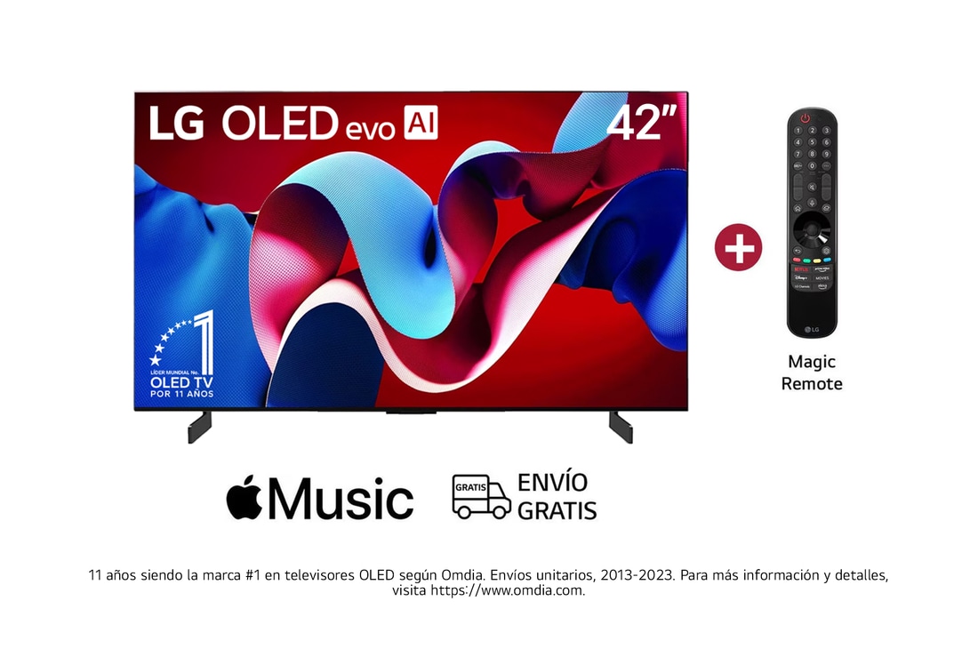 Vista frontal con LG OLED evo AI TV, OLED C4, el emblema de 11 años como líder mundial OLED y el logotipo del programa webOS Re:New en la pantalla