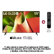 Vista frontal con el LG OLED TV, OLED AI B4, el emblema de 11 años como líder mundial OLED y el logotipo de webOS Re:New Program en la pantalla con soporte de 2 polos