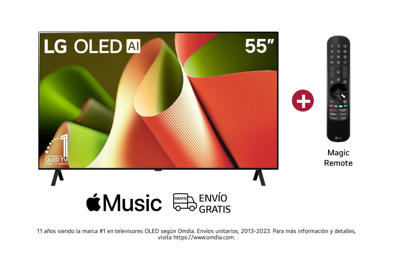 Vista frontal con el LG OLED TV, OLED AI B4, el emblema de 11 años como líder mundial OLED y el logotipo de webOS Re:New Program en la pantalla con soporte de 2 polos