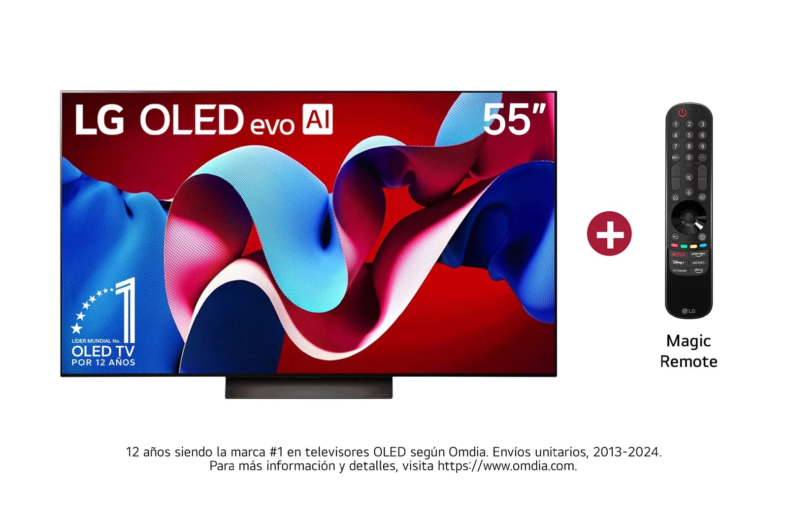 Vista frontal con LG OLED evo AI 55", incluye Magic Remote