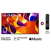 Vista frontal con LG OLED evo AI TV, OLED G4, emblema de 11 años como líder mundial OLED y logotipo del webOS Re:New Program en la pantalla