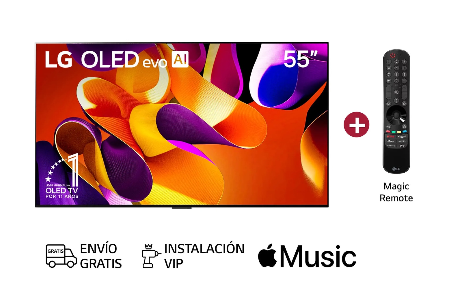 Vista frontal con LG OLED evo AI TV, OLED G4, emblema de 11 años como líder mundial OLED y logotipo del webOS Re:New Program en la pantalla