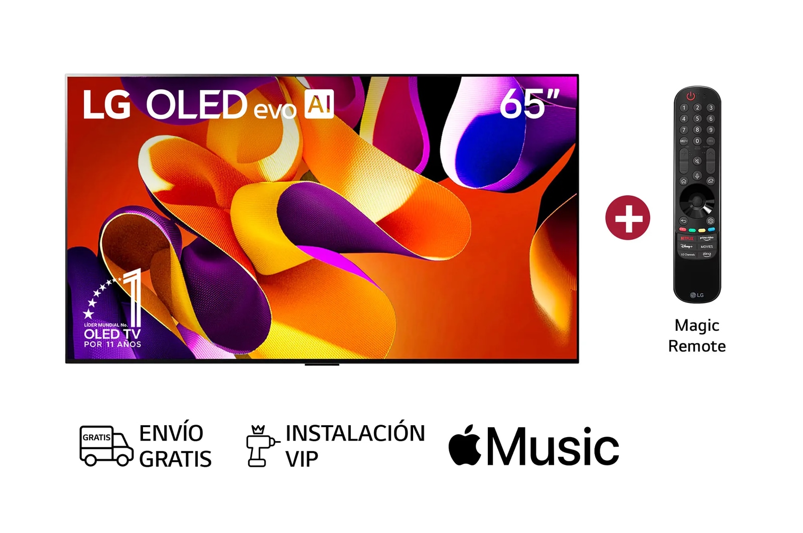 Vista frontal con LG OLED evo AI TV, OLED G4, emblema de 11 años como líder mundial OLED y logotipo del webOS Re:New Program en la pantalla