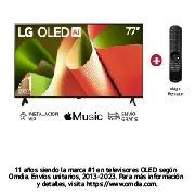 Vista frontal con el LG OLED TV, OLED AI B4, el emblema de 11 años como líder mundial OLED y el logotipo de webOS Re:New Program en la pantalla con soporte de 2 polos